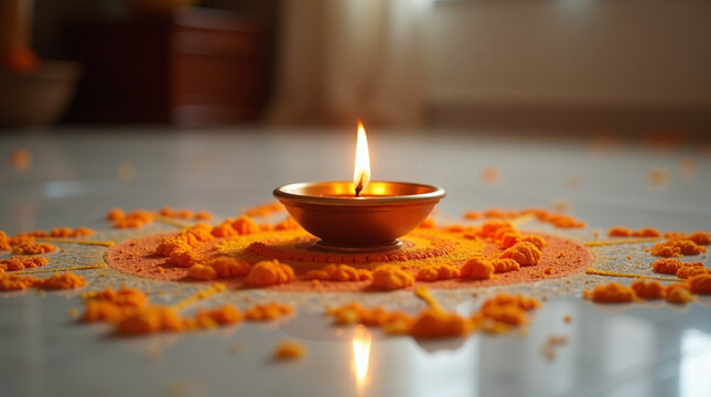 A single diwali oil lamp illuminates a colorful rangoli design on the floor, symbolizing the triumph of light over darkness during the hindu festival