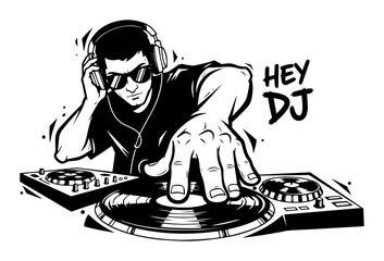 disc jockey dj playing music monochrome vector illustration