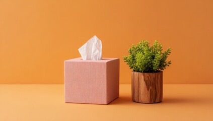 Pink tissue box and small potted plant on orange background