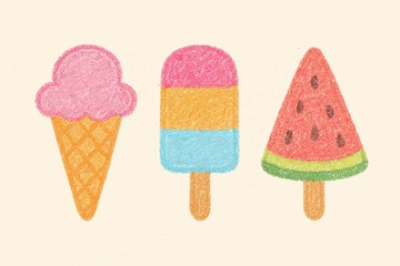 Colorful crayon-drawn ice cream treats, including ice cream cones and popsicles.