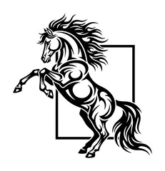 stylized rearing horse stallion with flowing mane in a frame logo
