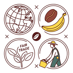 Fair trade icons globe coffee banana farmer coffee bean