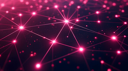 Minimalistic network of glowing pink nodes and lines on dark background with bright points creating futuristic digital connection effect