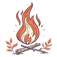 Fiery campfire with logs and leaves flames wood