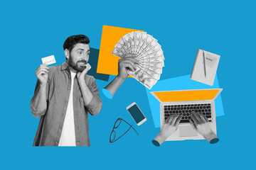 Zine trendy art banner creative collage of businesswoman businessman receive dollar capital laptop...