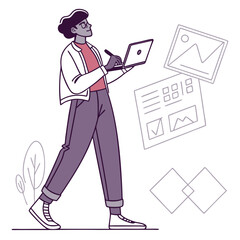 Person with laptop and design elements graphic designer