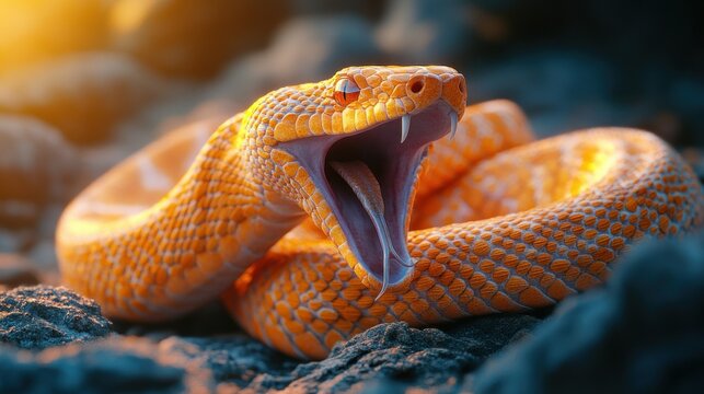 Orange snake with open mouth, sunset glow - Powered by Adobe