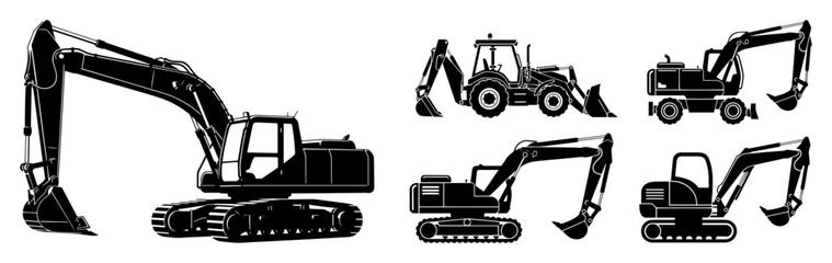 construction vehicles excavators set monochrome vector illustration