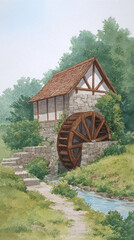 Obraz premium Charming Watermill in a Serene Rural Landscape: Embracing Nature's Beauty and Traditional Architecture Amidst Flowing Waters