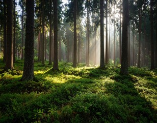 Sunlight Filtering Through Trees in a Quiet Forest at Dawn