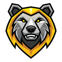 Geometric bear head shows yellow highlights and menacing fangs with bright eyes