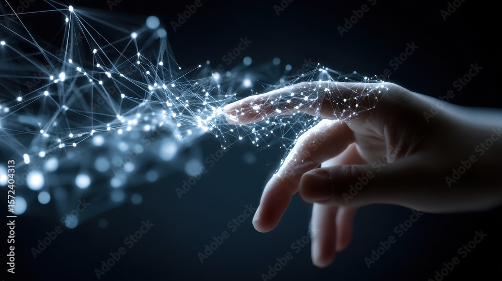 Poster a hand hovering above a captivating network of interconnected lines and points representing the seam