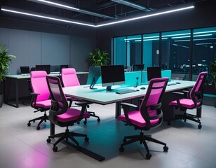 Futuristic Office Interior with Pink Chairs and Neon Blue Accents