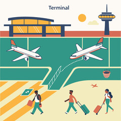 Airport terminal with airplanes and travelers aircraft