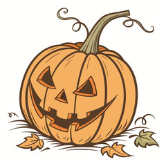 Orange carved pumpkin with leaves and vines jack o lantern