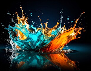 Dynamic Splash of Teal and Orange Liquid on Black Background