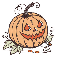 Grinning pumpkin with dice and leaves jack o lantern