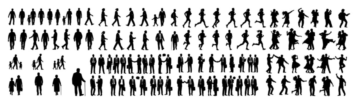 big collection of people silhouettes walking running and standing vector set