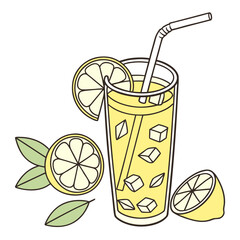 Tall glass of lemonade with lemons and straw drink