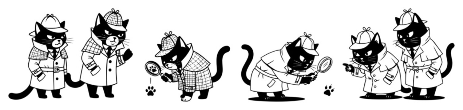 detective cats magnifying glass monochrome vector illustration