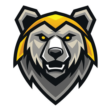Fierce bear mascot head, with yellow eyes and crown, displays a determined expression
