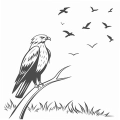 Eagle perched on branch with birds flying nature