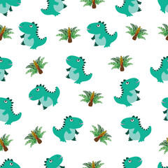 Cute cartoon dinosaurs and prehistoric cycad trees in a fun, repeating pattern on white background