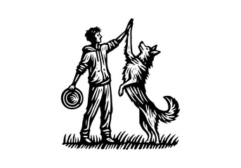 Cat and Dog Playing Frisbee Hand Drawn Natural Illustration Stylized as Linocut Vector Isolated by AZ for Books, Arts, Design and Decoration Graphic Asset