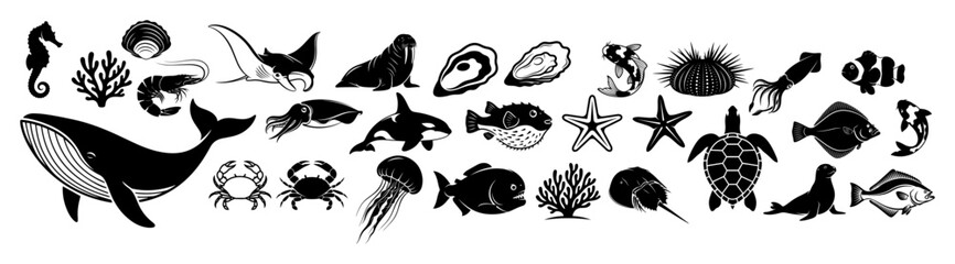 Naklejka premium marine life silhouettes collection vector icon set