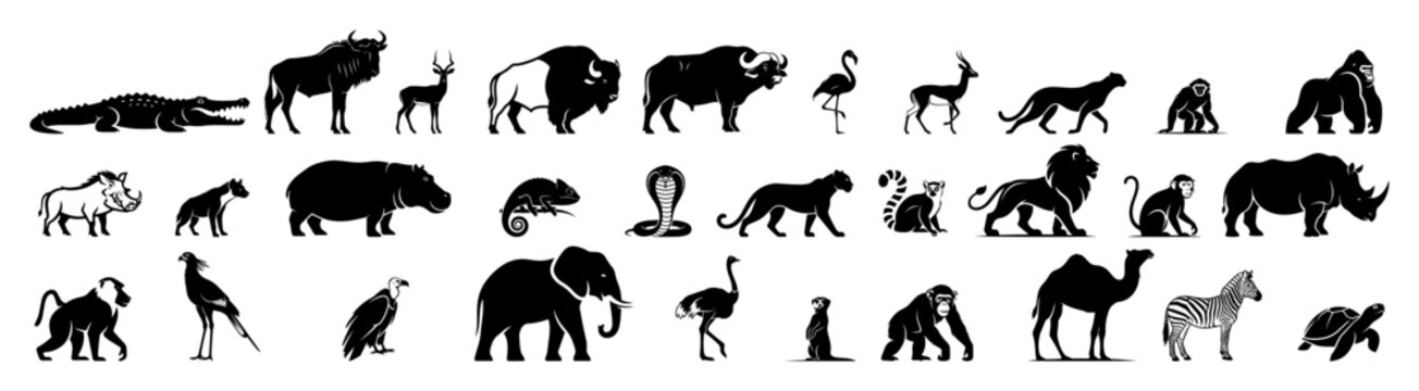 Big collection of wild animals silhouettes. African safari and zoo vector icon set.