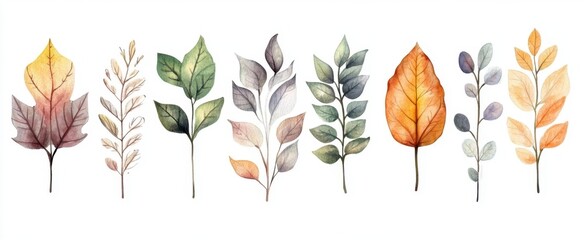 A beautiful collection of watercolor leaves in various shapes and colors, perfect for seasonal decoration or artistic projects. Ideal for nature lovers.
