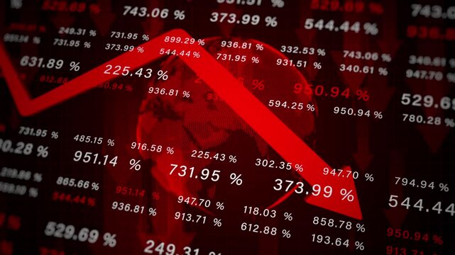 Red Downward Arrow Showing Global Stock Market Crash and Economic Recession with Falling Percentages Representing Tariff Effects and Financial Crisis