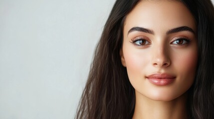 Naklejka premium A captivating portrait of a young woman showcasing her natural beauty. Her long dark hair frames her face, highlighting her serene expression and bright eyes.