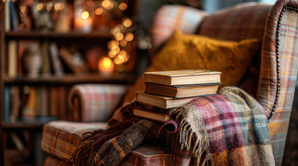 A cozy scene featuring books, a plaid armchair, and warm candlelight, perfect for relaxation.