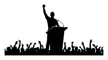 leader speaking to crowd from podium silhouette