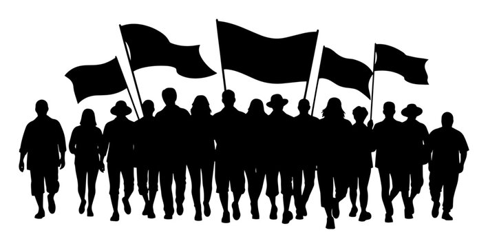 protesting crowd with flags silhouette vector