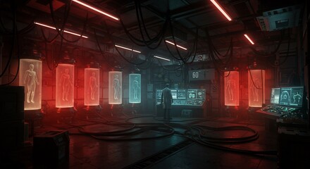 Eerie human specimens lab bathed in red