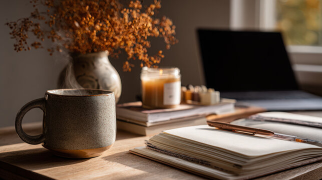 A cozy autumn workspace with a warm drink, candle, and open notebook.