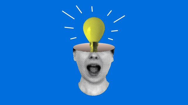 Idea concept. Light bulb turns on in a woman's head. Modern collage. Creative thinking in business. Scientific discoveries. Successful learning. Brainstorm. Halftone elements from newspaper. Animation