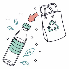 Plastic bottle recycling with reusable bag green leaves