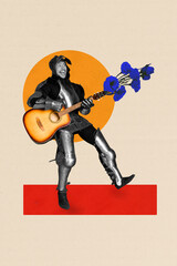 Trend artwork banner 3D photo collage of young man smile play guitar music song flower gift knight...