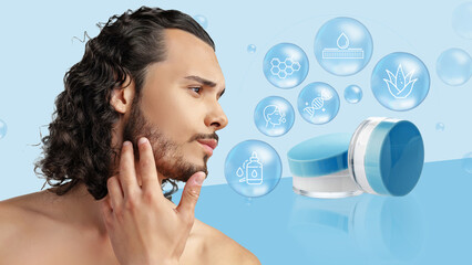 Skin care routine for men featuring hydrating cream and grooming elements displayed in soft blue...