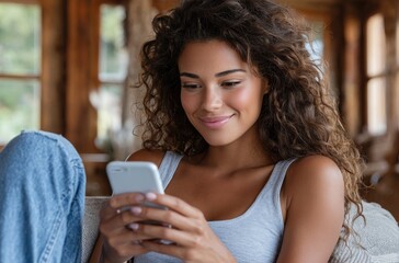 A woman is sitting on the sofa, smiling and looking at her phone in one hand while holding it with both hands.