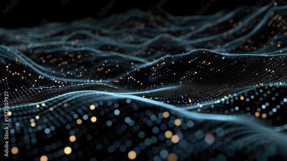 Poster abstract visualization of glowing dots and lines on a dark background. digital artwork of glowing vi