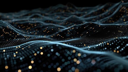 Abstract visualization of glowing dots and lines on a dark background. Digital artwork of glowing vibrant colorful dots and lines connecting together. Abstract image of Digital art for design. AIG53.