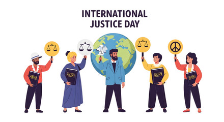 International Justice Day: Diverse people championing global justice, equality, and peace with symbolic icons