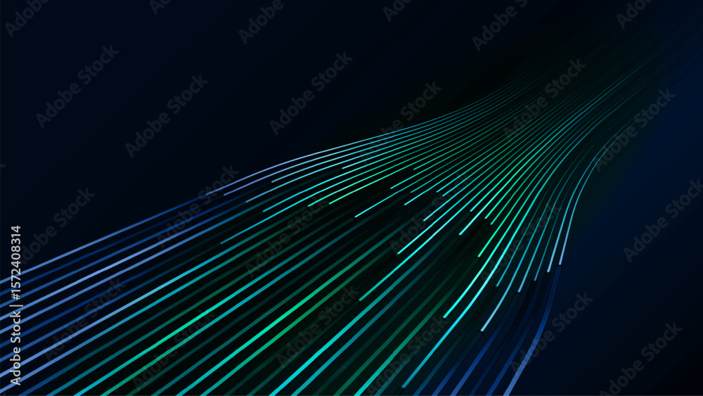 Fototapete Abstract background featuring an array of glowing blue and green lines converging on a dark backdrop, technology, data flow, and speed.