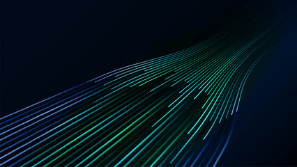 Abstract background featuring an array of glowing blue and green lines converging on a dark backdrop, technology, data flow, and speed.