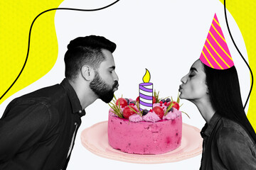 Image full poster art collage of two happy girl guy blow candle make wish sweet cake birthday party...