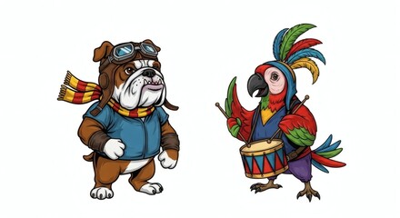 Duo of Animated Aviators: Whimsical animated characters of a bulldog and a parrot, both dressed in aviator gear and ready for a flight, embody the spirit of adventure.